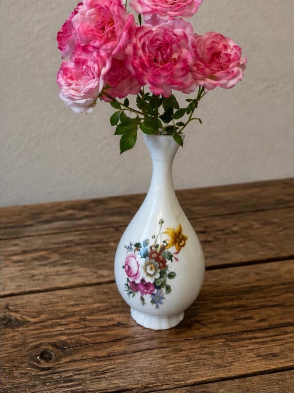 Coalport White Porcelain Bud Vase with Pink Floral Accents 6.4 inch